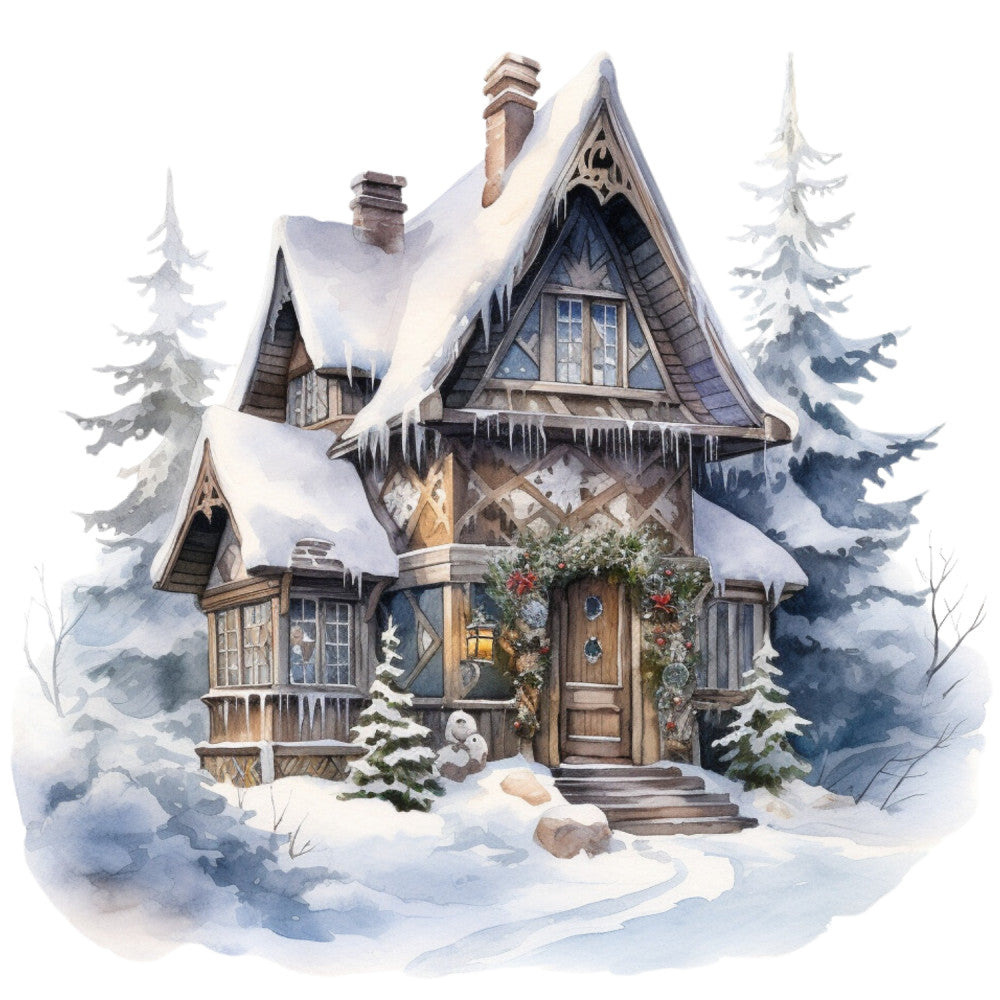 Watercolor Winter Houses Fabric Panel 34 QuiltingFabricPanels