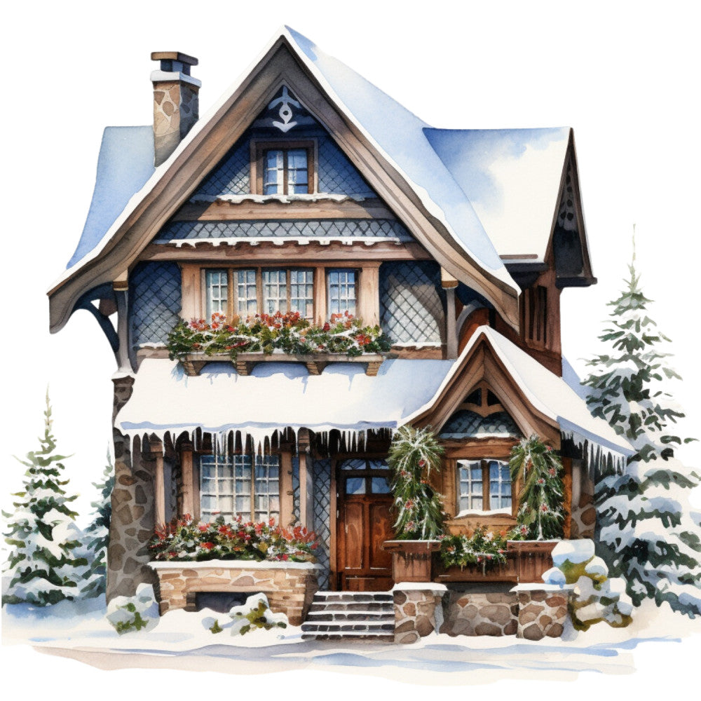 Watercolor Winter Houses Fabric Panel 39 QuiltingFabricPanels