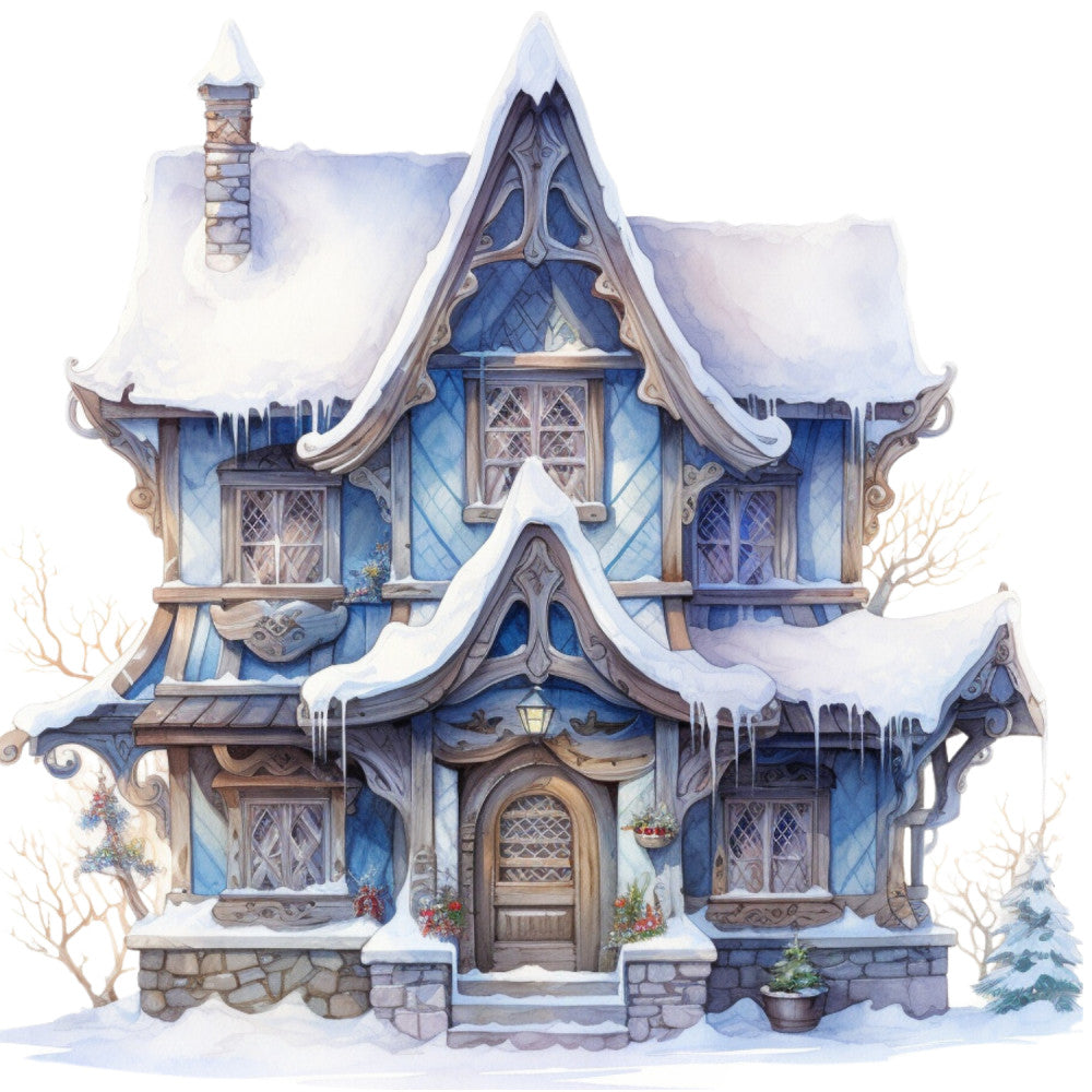 Watercolor Winter Houses Fabric Panel 4 QuiltingFabricPanels