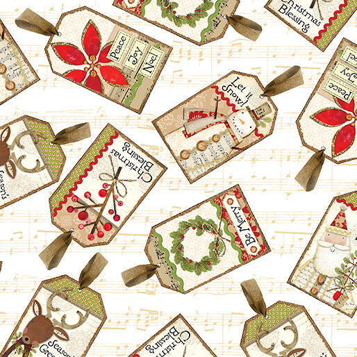 Benartex White Christmas tossed tags cream quilting cotton by the yard