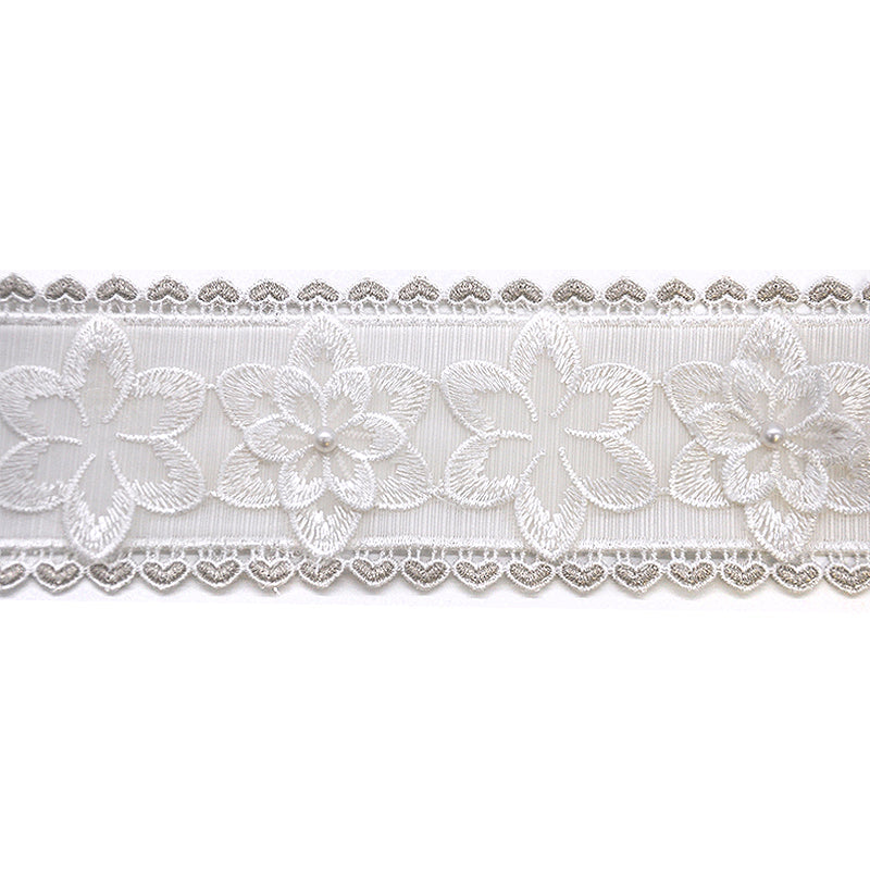White Floral Lace Trim with Pearl Accents – Scalloped Embroidered Edge, 3 in X 5 yards