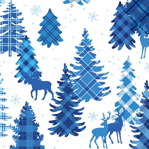 Benartex Winter Farm House Plaid forest white blue quilting cotton by the yard