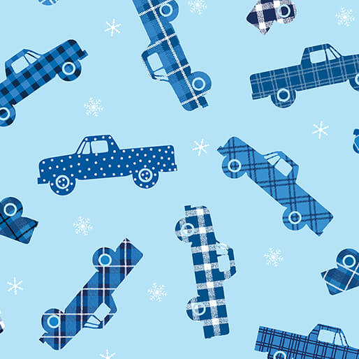 Benartex Winter Farm House Plaid plaid trucks light blue quilting cotton by the yard