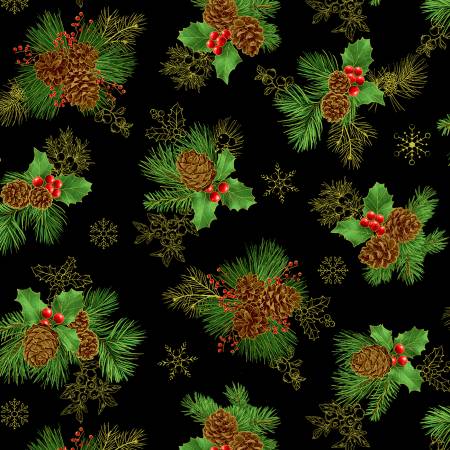 Black Pinecone-Holly Berry Bouquet Cotton 44"/45" Fabric Per Yard