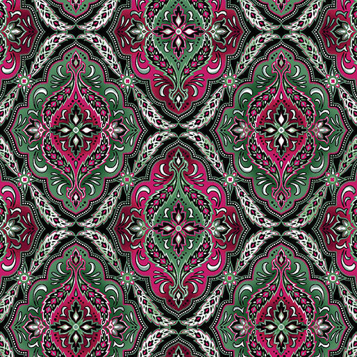 Winterberry Floral Medallion quilting fabric in green by Benartex, winter berry medallion print on green cotton, sold by the yard