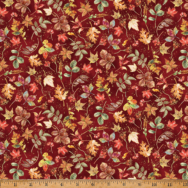 Harvest Bouquet Maroon Tossed Leaves Cotton 43"/44" Fabric Per Yard