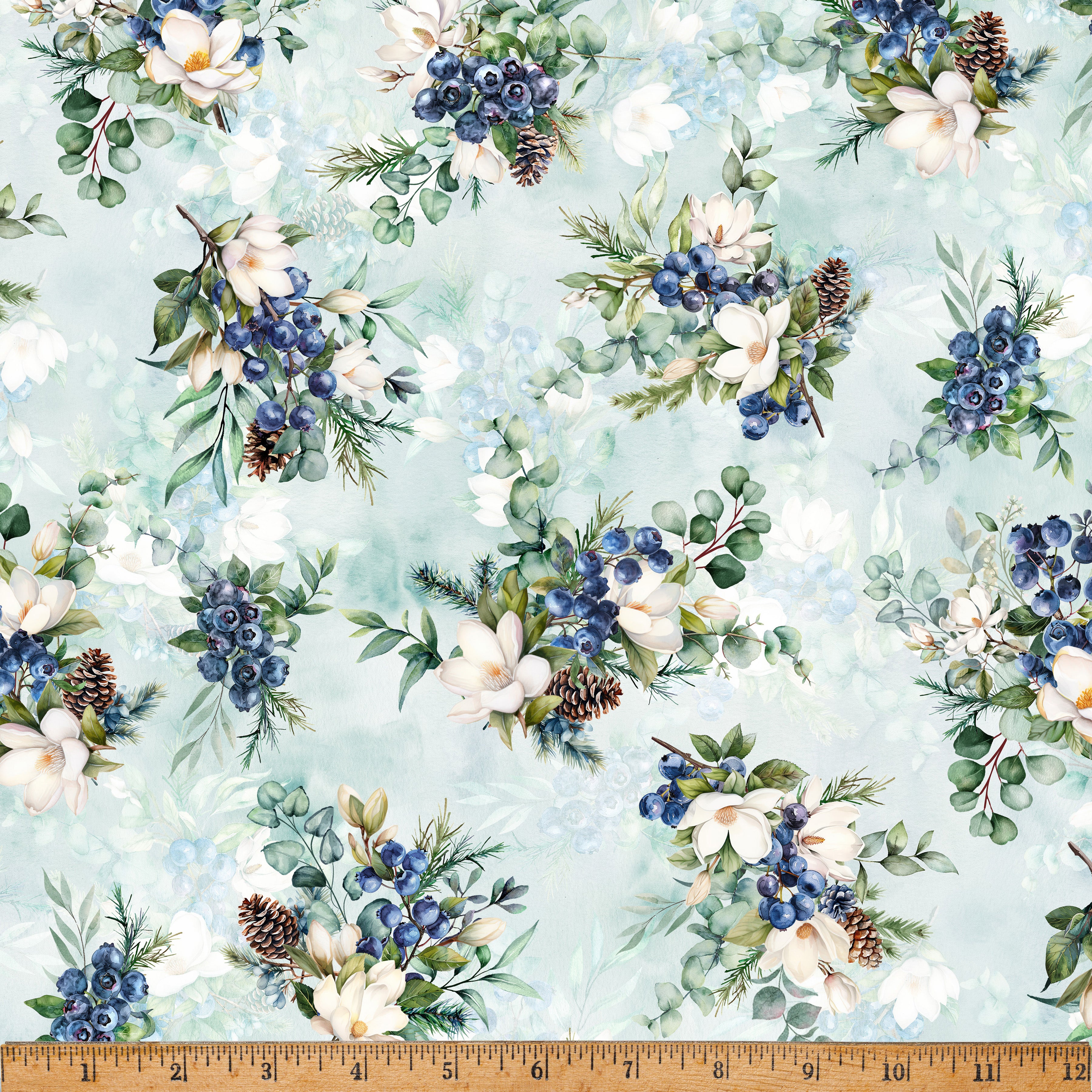 Forest Fawn Sky Blue Garden Berries and Pinecones Cotton 43"/44" Fabric Per Yard