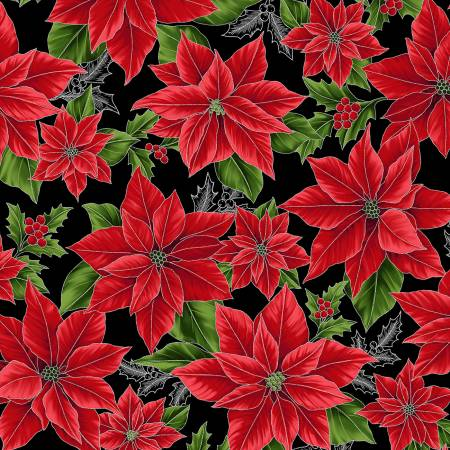 Blooming Holidays Elegant Poinsettias Silver Cotton 43"/44" Fabric Per Yard