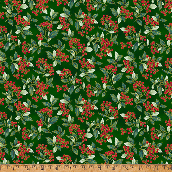 Blooming Holidays Hunter Gold Holly Cotton 43"/44" Fabric Per Yard