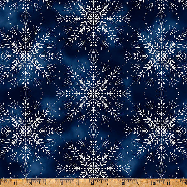 Midnight Perch Blue Silver Snowflakes Cotton 43"/44" Fabric Per Yard