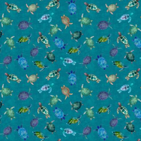 Clothworks Coral Reef Digital Turtles quilting fabric in Teal