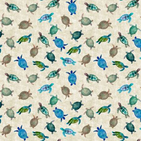 Clothworks Coral Reef Digital Turtles quilting fabric in Khaki