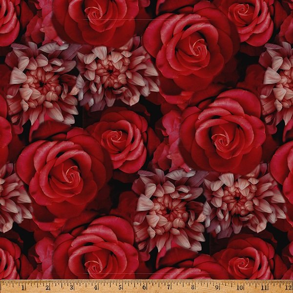 Graveyard Blooms Packed Roses Scarlet 44"/45" Cotton Fabric Per Yard