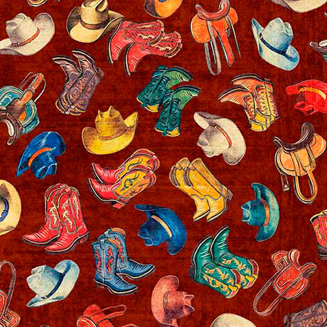 Yippie Ki Yay! Cowboy Boots & Hats Brick Cotton 44"/45" Fabric Per Yard