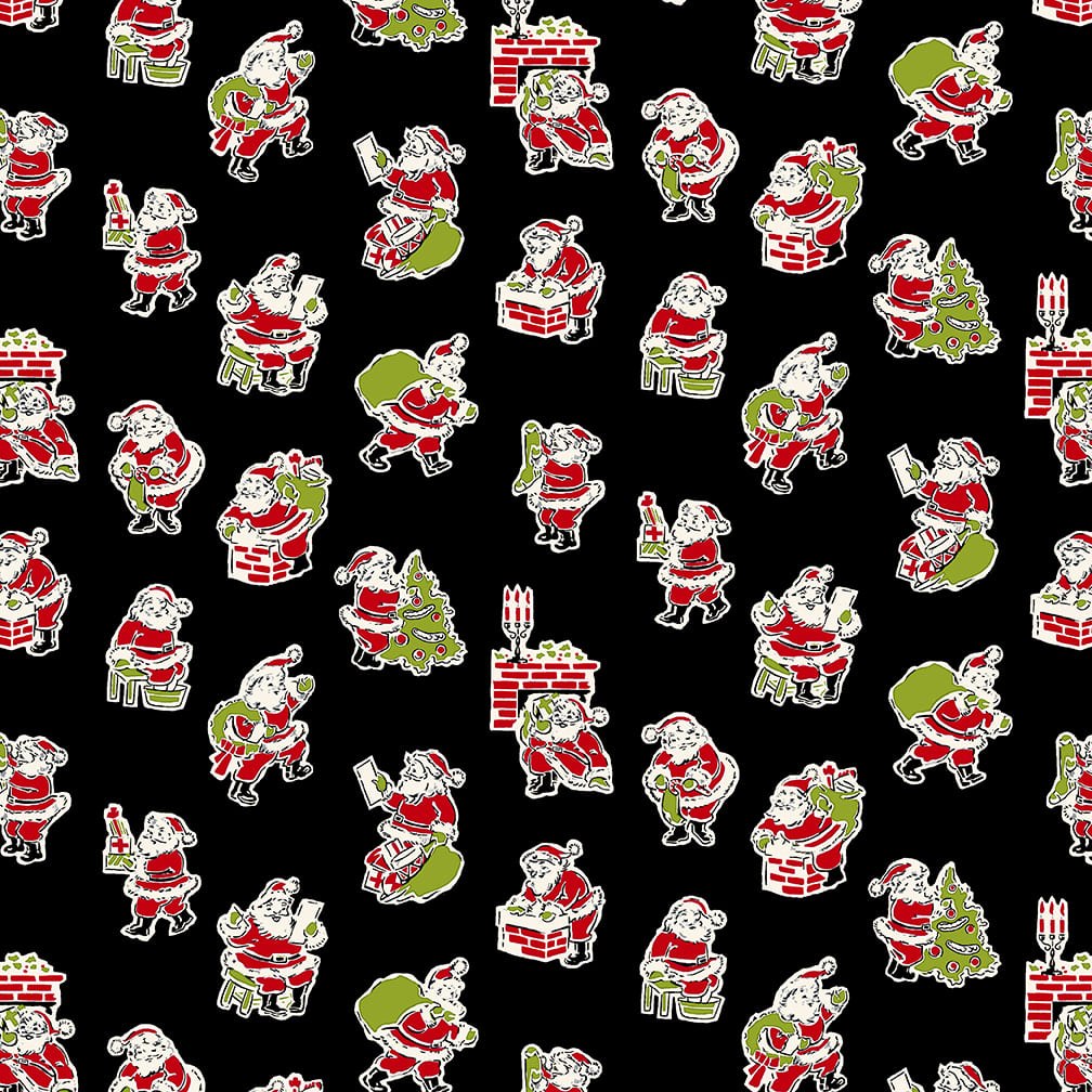 Henry Glass My Childhood Christmas Santa and chimney black cotton 3 yard pack