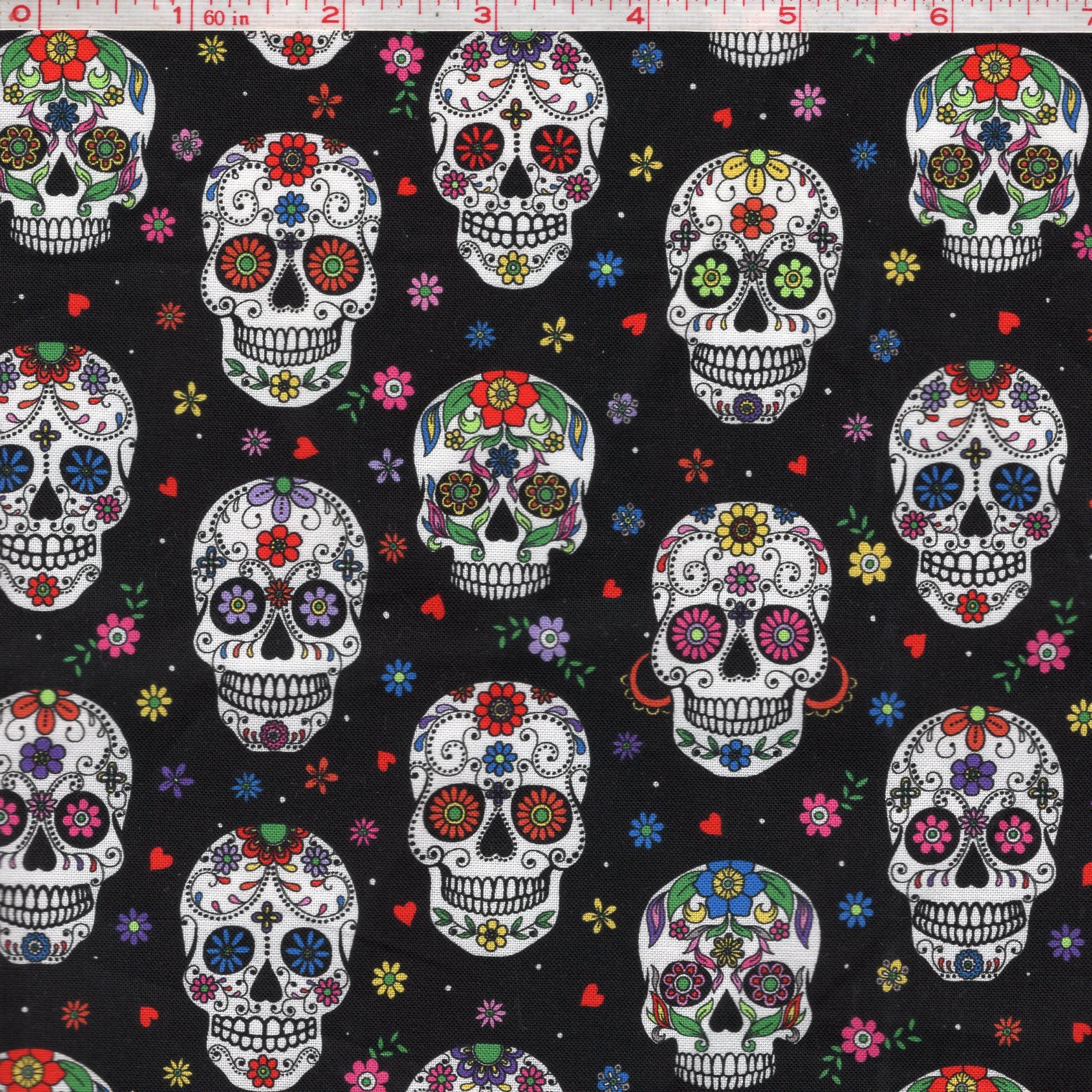 Sugar Skulls on Black Cotton 44"/45" Fabric Per Yard