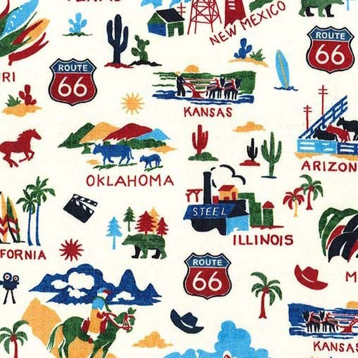 Cream The Mother Road Route 66 Cotton 44"/45" Fabric Per Yard