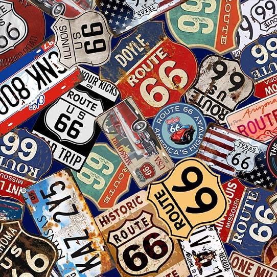 Multi Route 66 Signs Cotton 44"/45" Fabric Per Yard