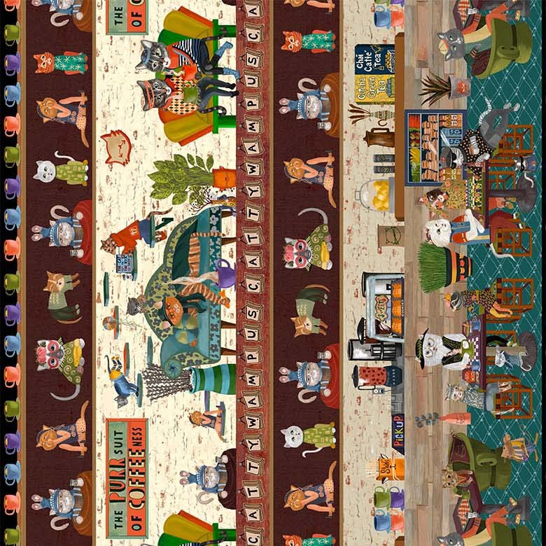 Multi The Cat Cafe Purrsuit of Coffeeness Cotton 44"/45" Fabric Per Yard