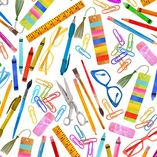 White On My Desk Books are Magic Cotton 44"/45" Fabric Per Yard