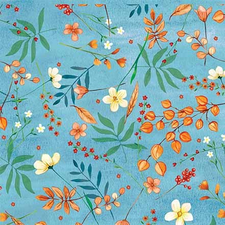 Autumn Floral Turquoise 44"/45" Cotton Fabric Per Yard