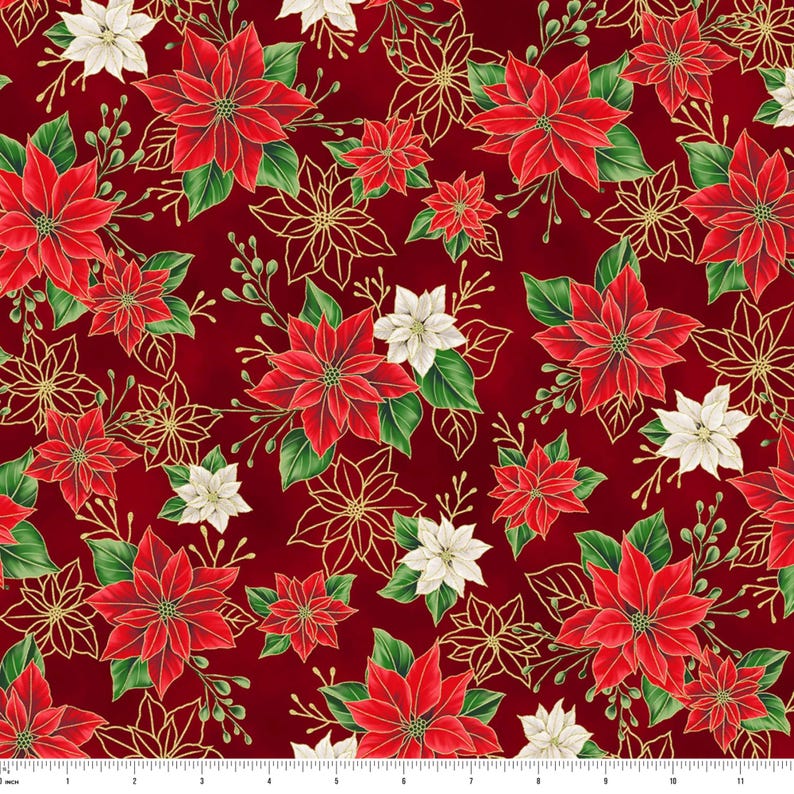 Blooming Holidays Elegant Poinsettias Scarlet Red Gold Cotton 43"/44" Fabric Per Yard