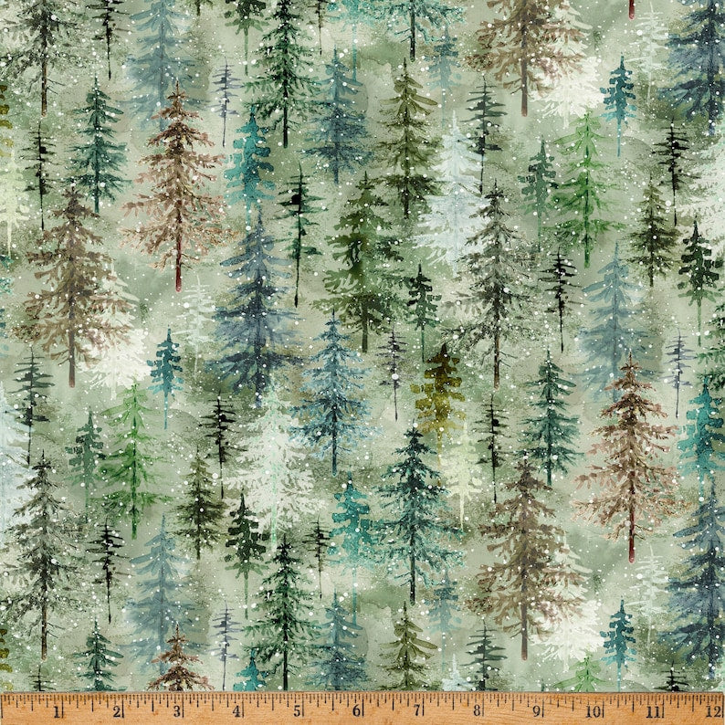 Forest Fawn Trees Remnant Moss Green Cotton 43"/44" Fabric Per Yard