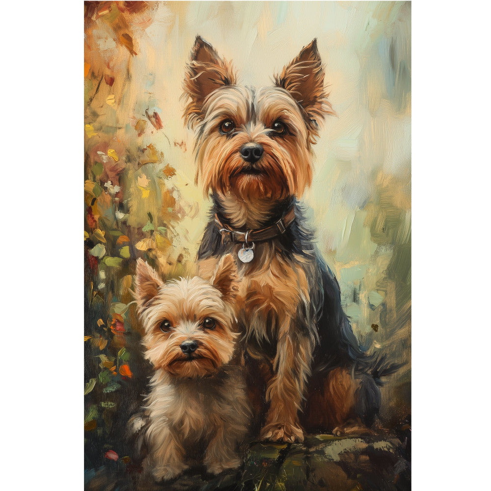 Rustic Yorkie Couple Painting Fabric Panel 1