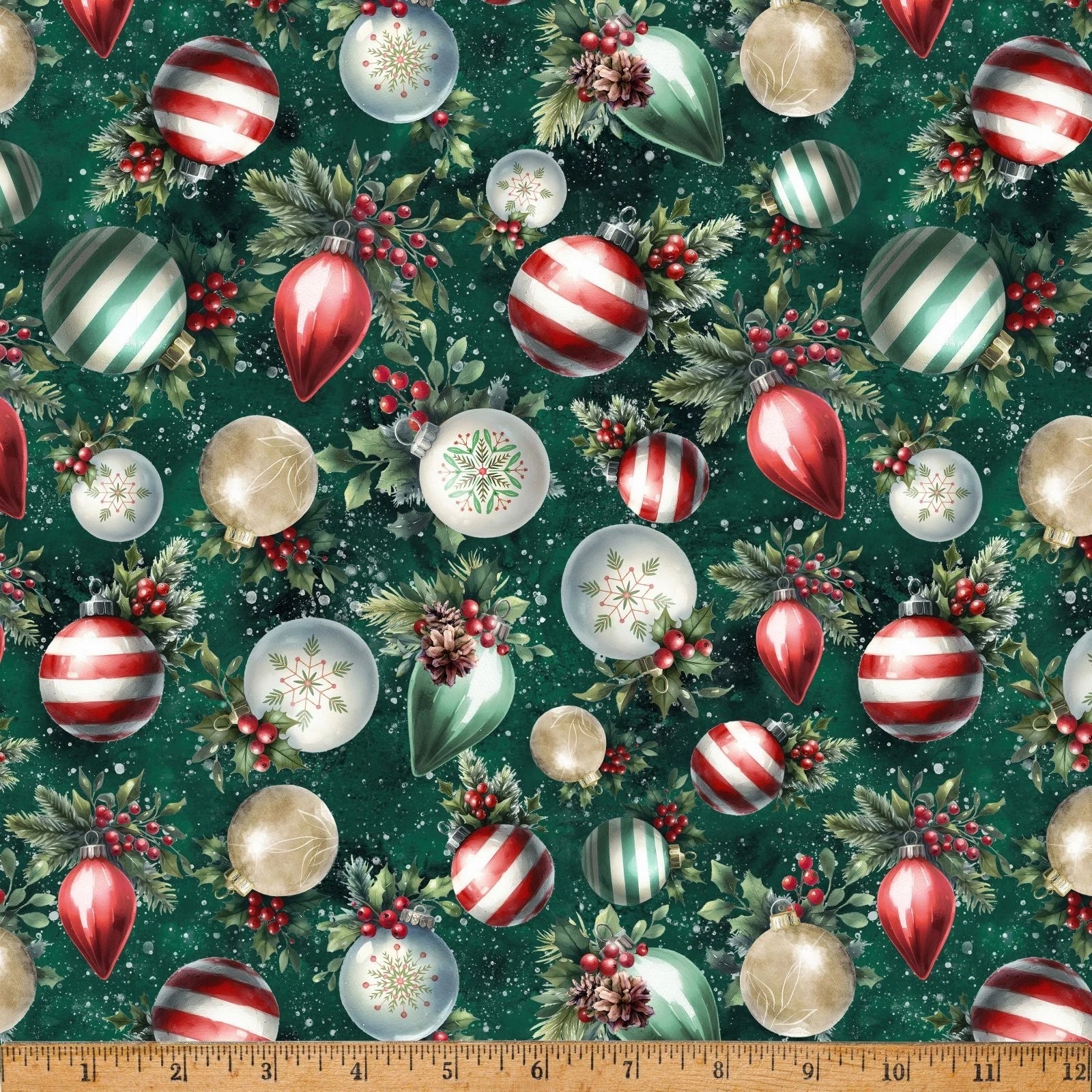 Cozy Tidings Green Pine Ornament Toss Cotton 43"/44" Fabric Per Yard