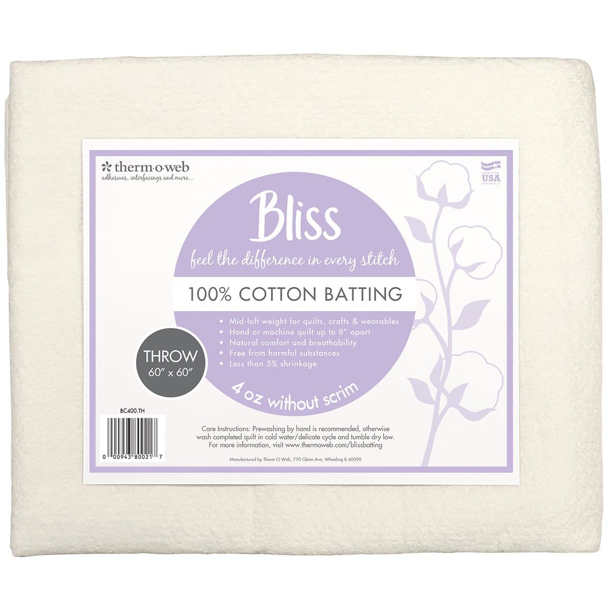 Bliss 100% Cotton Batting - Throw 60" x 60"