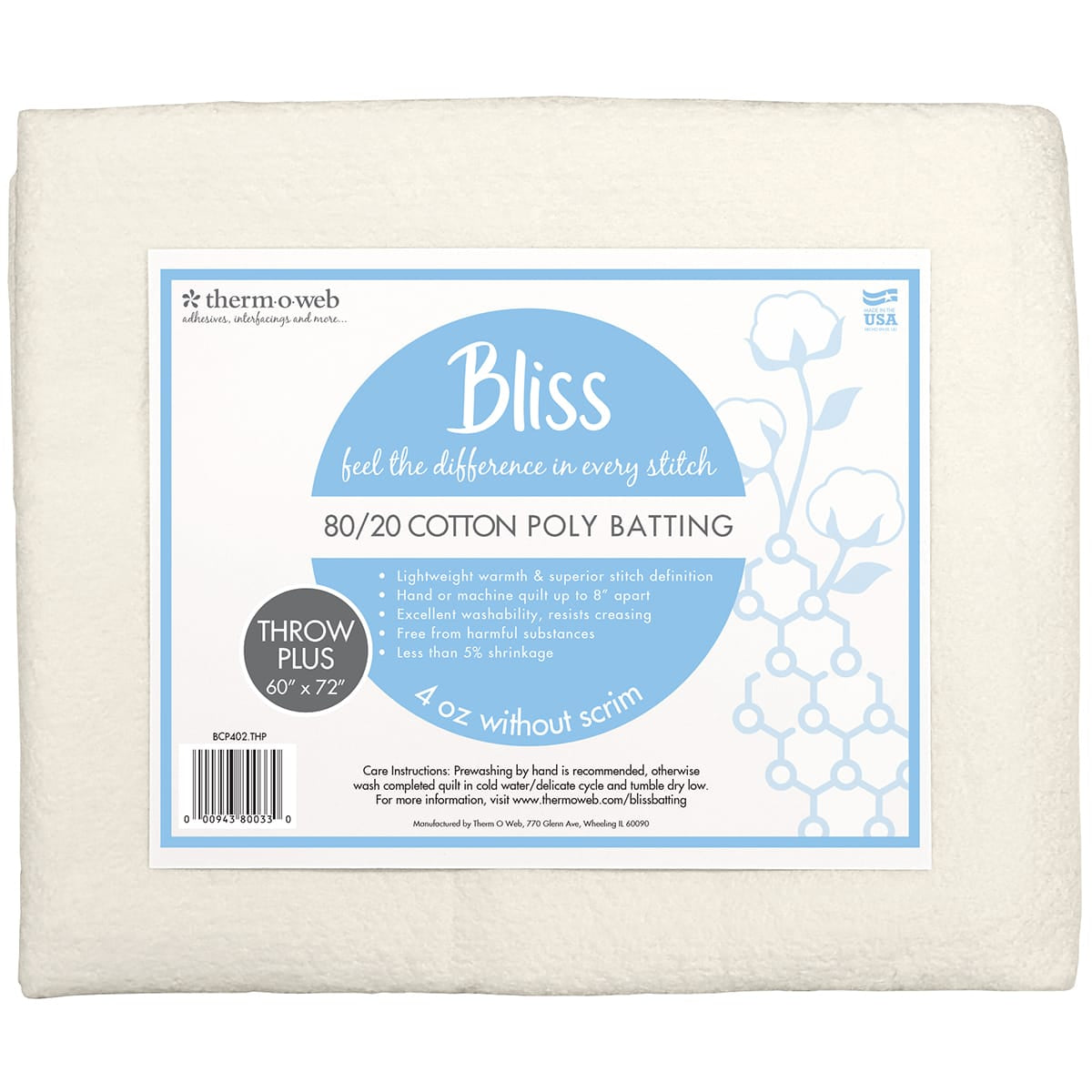 Bliss 80/20 Cotton Poly Batting - Throw Plus 60" x 72"