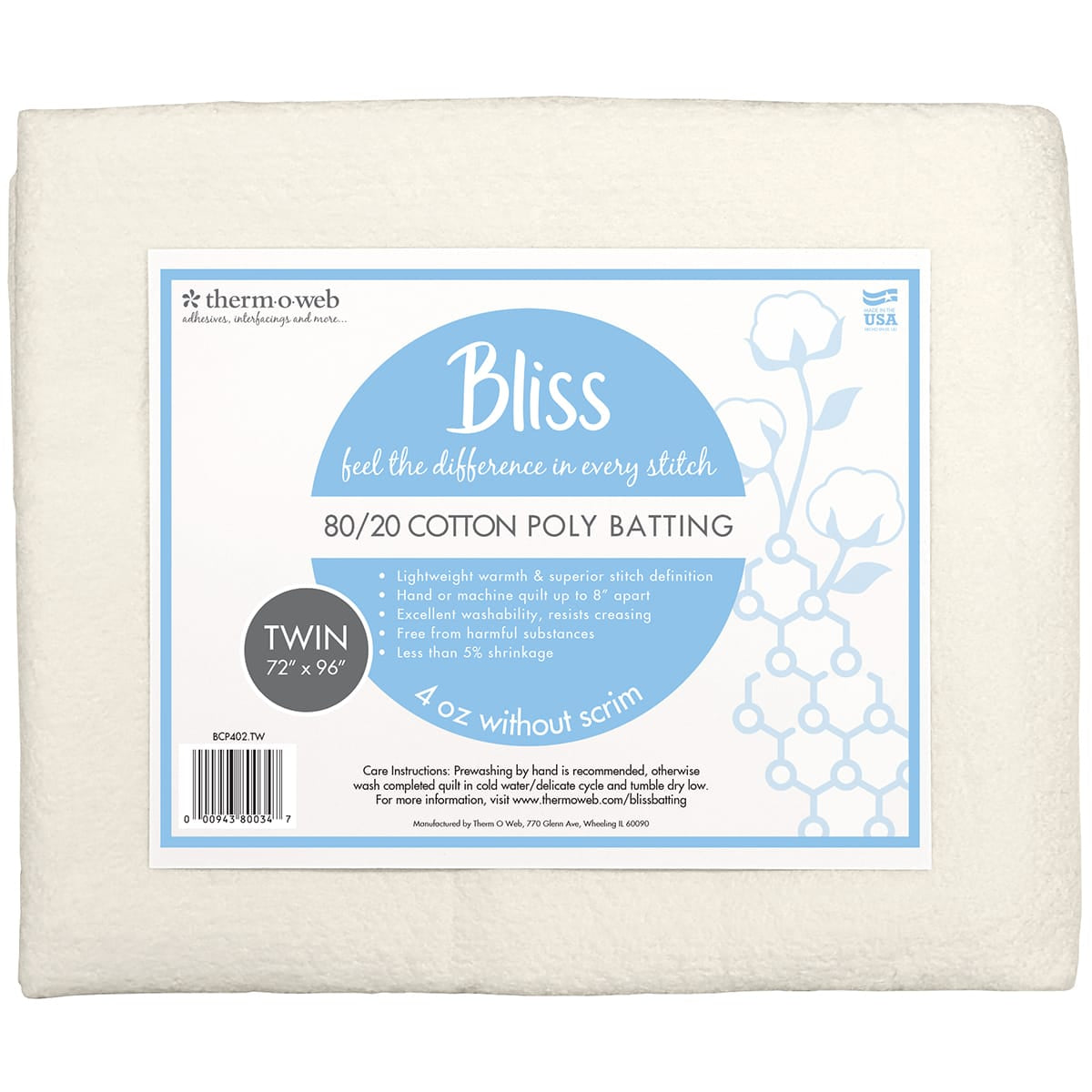Bliss 80/20 Cotton Poly Batting - Twin 72" x 96"