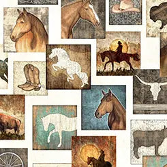 Natural Horse Patches Wideback Cotton Fabric per yard