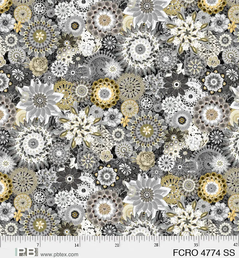 Black Gold Floral Crochet Cotton Wideback Fabric per yard P&B Textiles