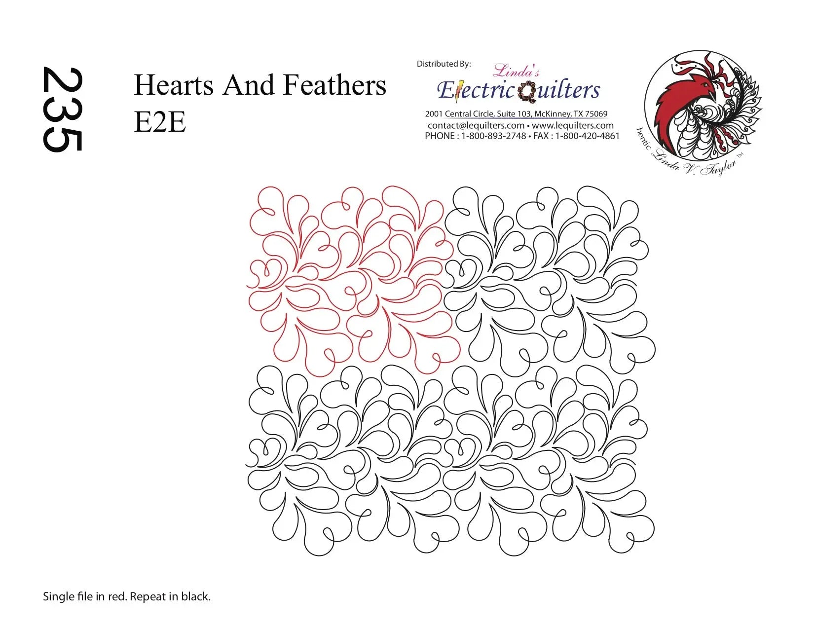 235 Hearts And Feathers Pantograph by Linda V. Taylor - Linda's Electric Quilters